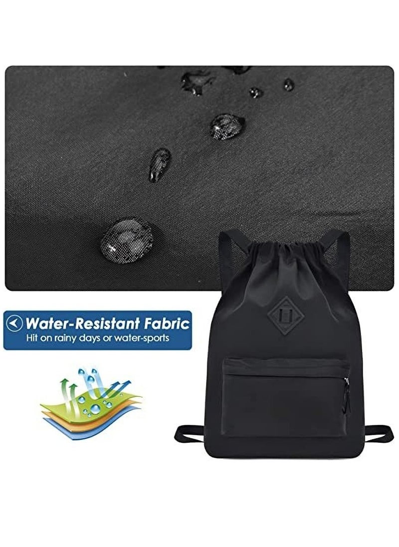 Y&D - Drawstring Backpack Sports Gym Bag, Nylon Draw Large Size with Zipper and Front Rear Pocket, Water Resistant String Sackpack for School Swimming Travel Kids Boys Girls Women Men - Image 1