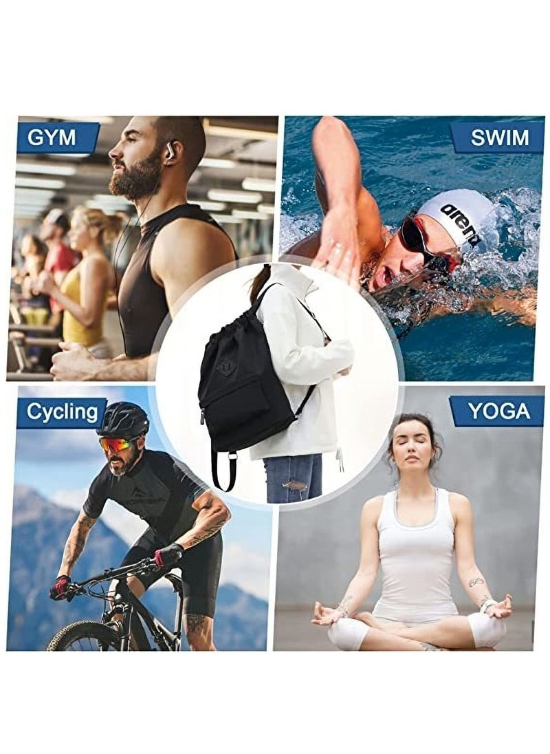 Y&D - Drawstring Backpack Sports Gym Bag, Nylon Draw Large Size with Zipper and Front Rear Pocket, Water Resistant String Sackpack for School Swimming Travel Kids Boys Girls Women Men - Image 1