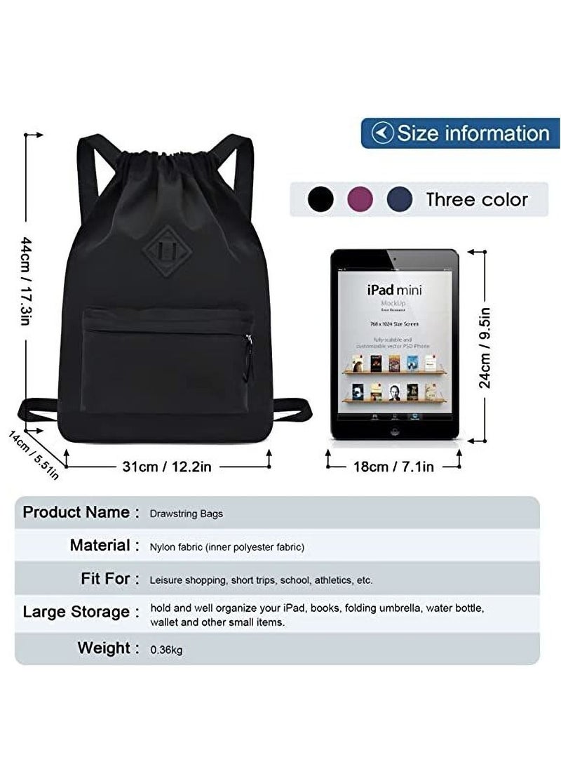 Y&D - Drawstring Backpack Sports Gym Bag, Nylon Draw Large Size with Zipper and Front Rear Pocket, Water Resistant String Sackpack for School Swimming Travel Kids Boys Girls Women Men - Image 1