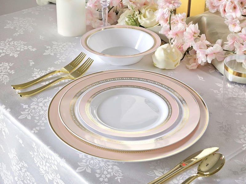 OCCASIONS FINEST PLASTIC TABLEWARE " OCCASIONS " 50 Plates Pack (25 Guests)-Heavyweight Wedding Party Disposable Plastic Plate Set -25 x 10.5'' Dinner + 25 x 7.5'' Salad/dessert plates (Ritz Blush and Gold) - Image 4