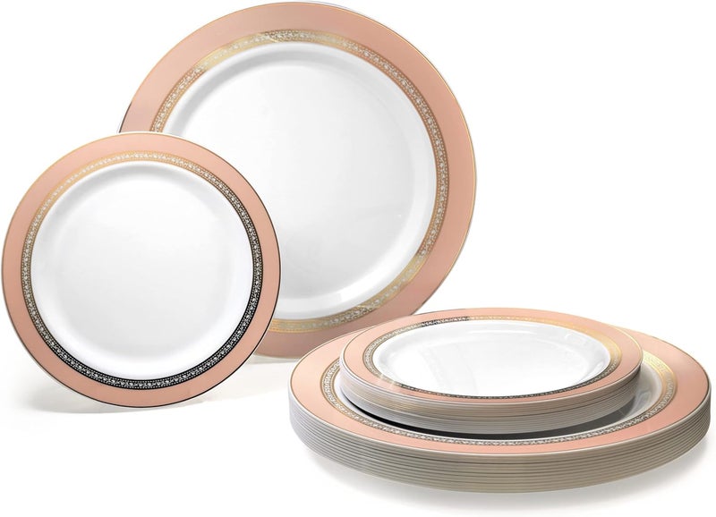OCCASIONS FINEST PLASTIC TABLEWARE " OCCASIONS " 50 Plates Pack (25 Guests)-Heavyweight Wedding Party Disposable Plastic Plate Set -25 x 10.5'' Dinner + 25 x 7.5'' Salad/dessert plates (Ritz Blush and Gold) - Image 1