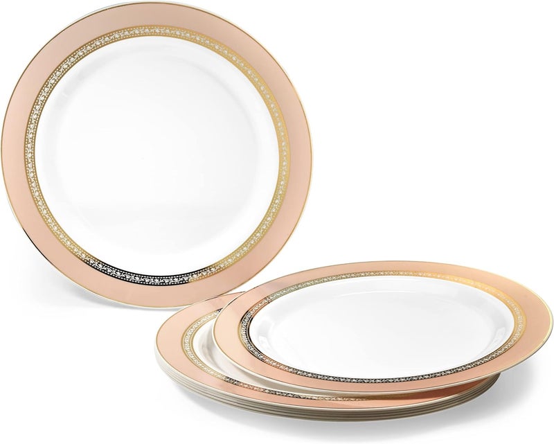 OCCASIONS FINEST PLASTIC TABLEWARE " OCCASIONS " 50 Plates Pack (25 Guests)-Heavyweight Wedding Party Disposable Plastic Plate Set -25 x 10.5'' Dinner + 25 x 7.5'' Salad/dessert plates (Ritz Blush and Gold) - Image 2