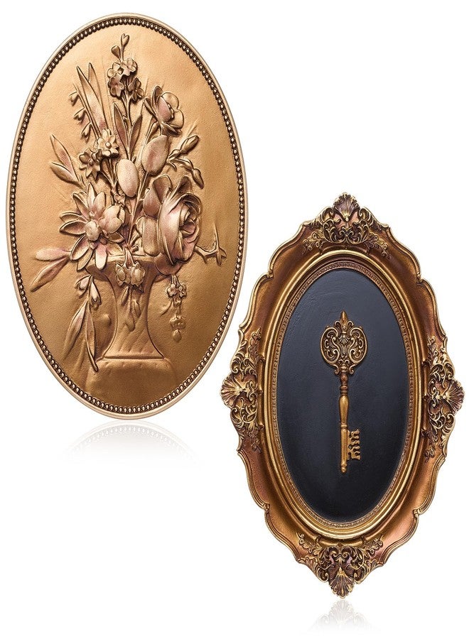 Kathfly 2 Pack Vintage Wall Sculptures Gold Flower Wall Art and Oval Embossed Intricate Key Design Decor Antique Pediment Statue Ornate Victorian Hanging Decor for Gallery Kitchen Bedroom Living Room - Image 1