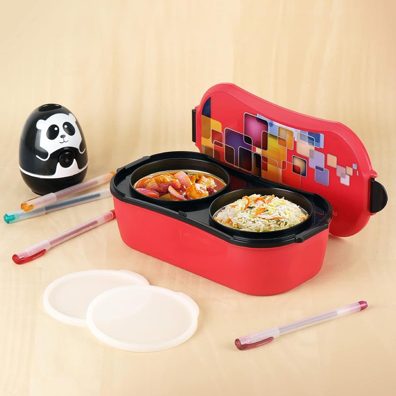 Cello CELLO Doppler Steel Lunch Box for Kids Adults, Red | Insulated Tiffin Keeps Food Warm | 2 Compartments with Locking Lid | Spill Leak Proof | Ideal for Office, School, Picnic & Travelling  - Image 1