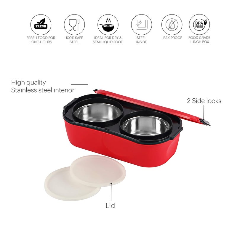 Cello CELLO Doppler Steel Lunch Box for Kids Adults, Red | Insulated Tiffin Keeps Food Warm | 2 Compartments with Locking Lid | Spill Leak Proof | Ideal for Office, School, Picnic & Travelling  - Image 3