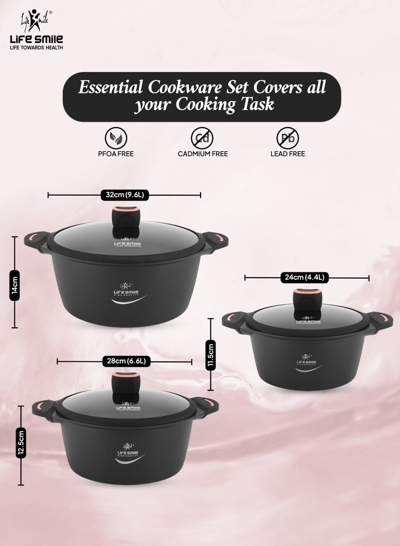 Life Smile 6pcs Non-Stick Cookware Set – Titanium Coating Cookwares & Oven-Safe Aluminium Pots Set | Includes 24/28/32cm Casseroles with Lids - Image 3