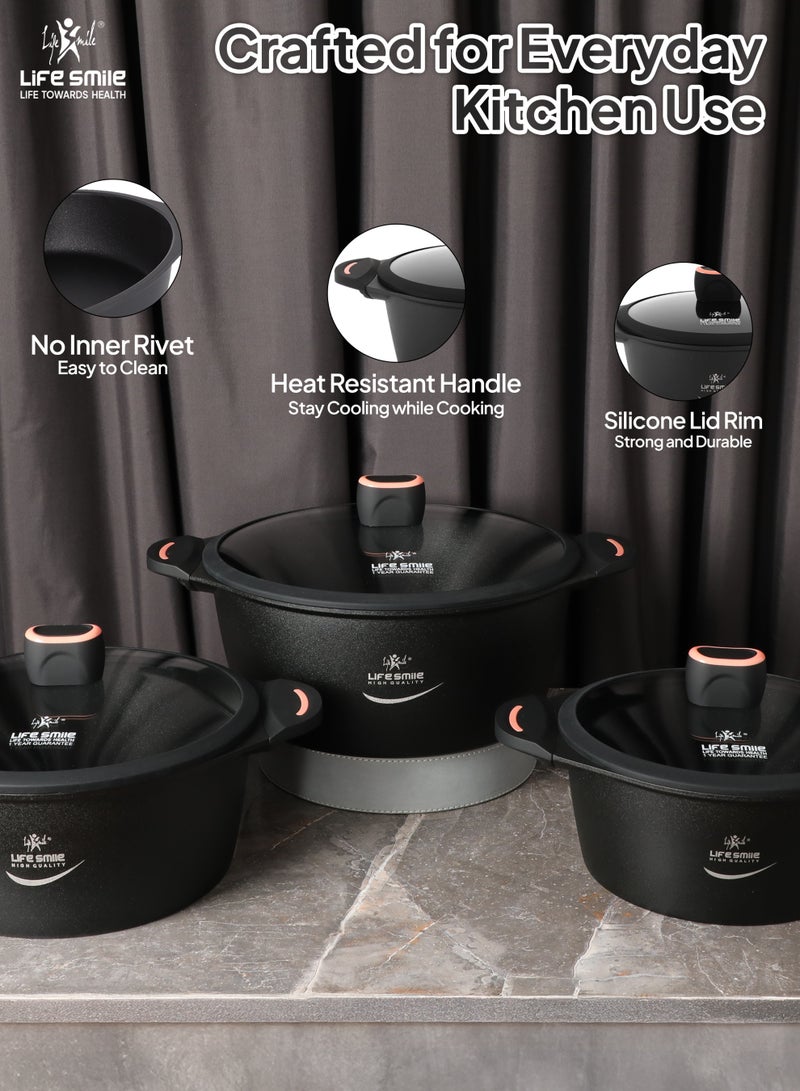 Life Smile 6pcs Non-Stick Cookware Set – Titanium Coating Cookwares & Oven-Safe Aluminium Pots Set | Includes 24/28/32cm Casseroles with Lids - Image 5