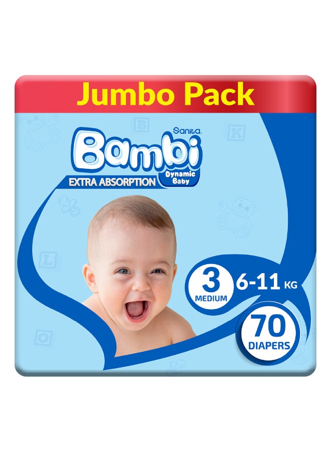 Sanita Bambi Size 3, Medium, 6-11Kg, Jumbo Pack, 70 Diapers