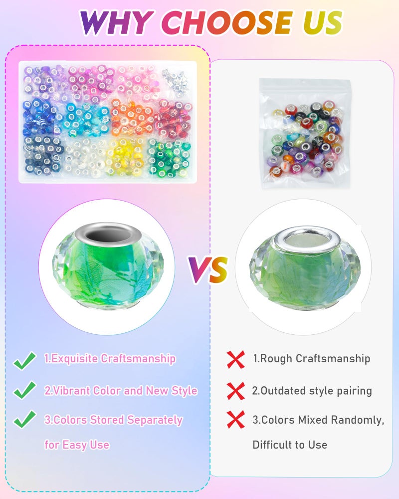 FIVEIZERO 231PCS FIVEIZERO European Large Hole Beads for Jewelry Making â€“ 12 Colors Glass Big Hole Spacer Beads with Metal Charms for Bracelets, Necklaces, Pens & DIY Crafts - Image 4