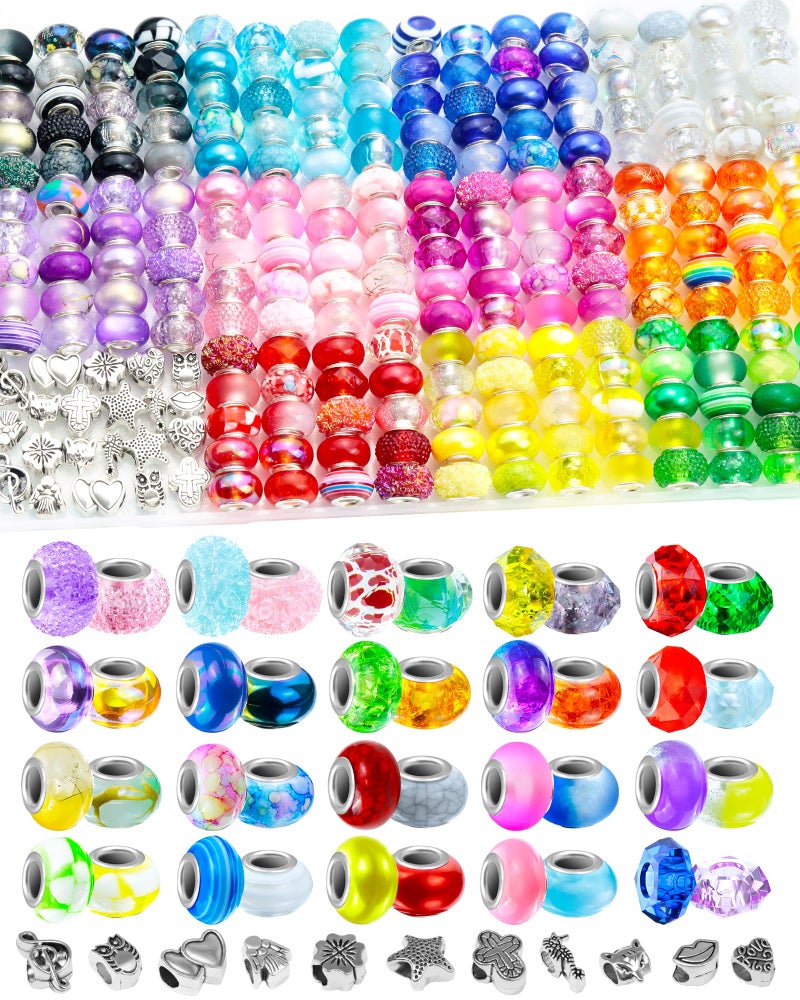 FIVEIZERO 231PCS FIVEIZERO European Large Hole Beads for Jewelry Making â€“ 12 Colors Glass Big Hole Spacer Beads with Metal Charms for Bracelets, Necklaces, Pens & DIY Crafts - Image 1