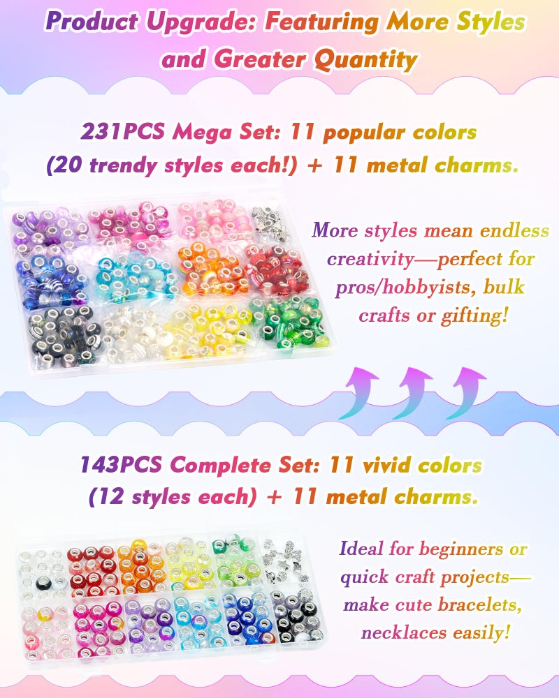 FIVEIZERO 231PCS FIVEIZERO European Large Hole Beads for Jewelry Making â€“ 12 Colors Glass Big Hole Spacer Beads with Metal Charms for Bracelets, Necklaces, Pens & DIY Crafts - Image 3