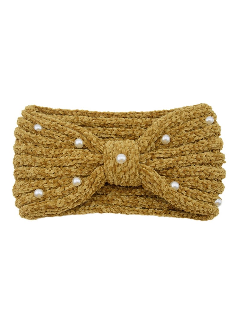 Generic European and American Corduroy Pearl Bow Hair Band Sports Headband Ear Protector Headgear Knitted Headband Warm Wool Hair Accessories #5 Yellow 