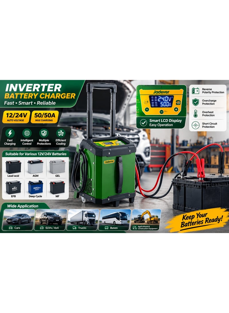 Jadever Inverter Battery Charger 12/24V, 50/50A Automatic smart Battery Charger for Car, Truck & Heavy-Duty Vehicles & with Digital Display & Safety Protection - Image 3