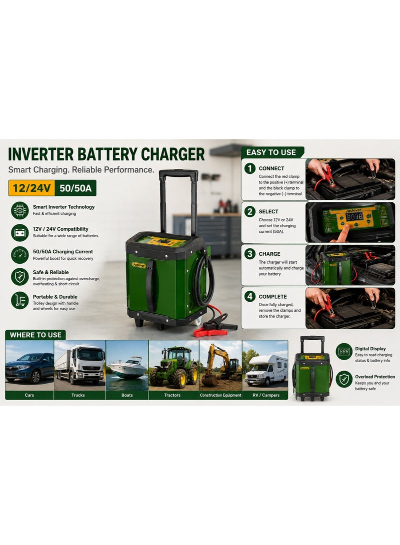 Jadever Inverter Battery Charger 12/24V, 50/50A Automatic smart Battery Charger for Car, Truck & Heavy-Duty Vehicles & with Digital Display & Safety Protection - Image 2