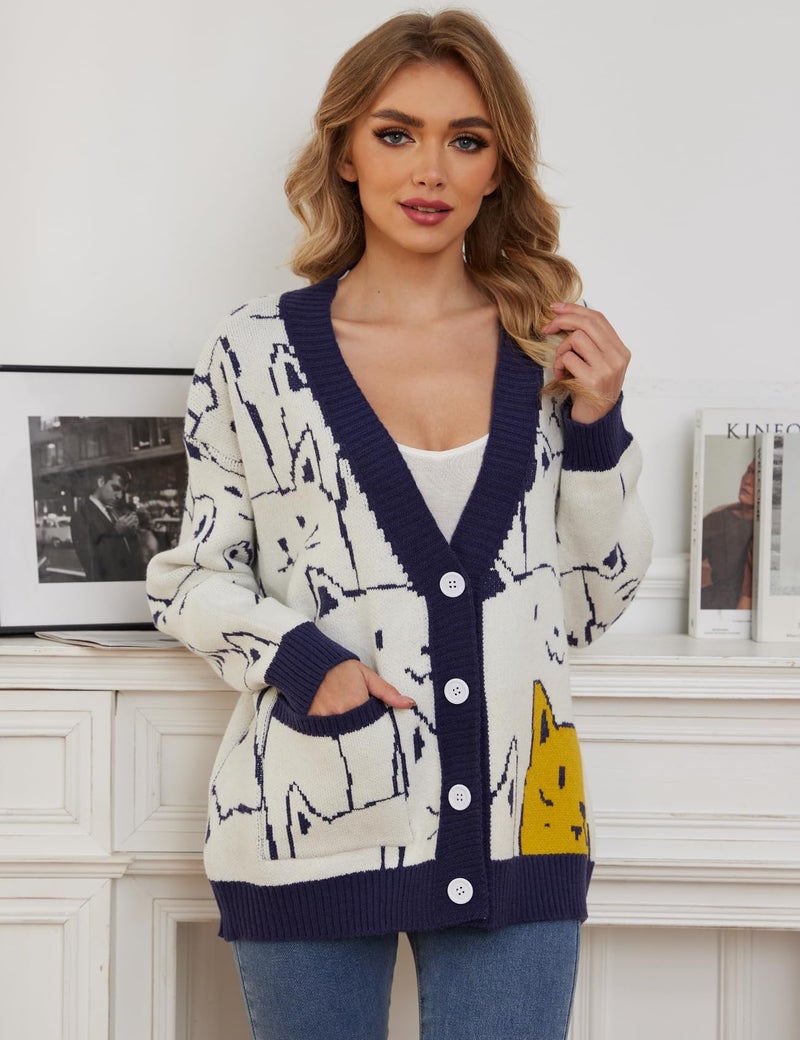 Arssm Cat Sweater for Women Oversized Button Down V Neck Knit Cardigan Cute Kawaii Cartoon Print Sweater Fall Clothes(Navy-XXL) - Image 3