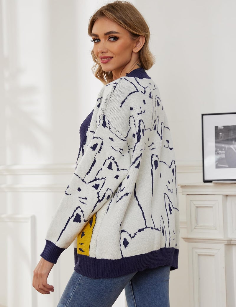 Arssm Cat Sweater for Women Oversized Button Down V Neck Knit Cardigan Cute Kawaii Cartoon Print Sweater Fall Clothes(Navy-XXL) - Image 5