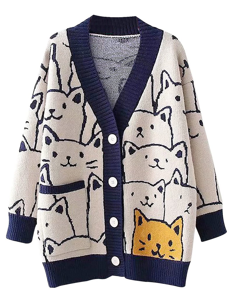 Arssm Cat Sweater for Women Oversized Button Down V Neck Knit Cardigan Cute Kawaii Cartoon Print Sweater Fall Clothes(Navy-XXL) - Image 1