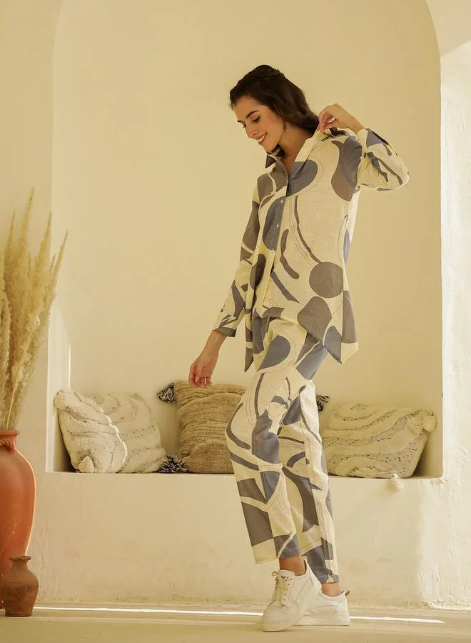 سانسكريتي هومز Printed Spread Collar Shirt with Trousers Co-Ords by Styli
