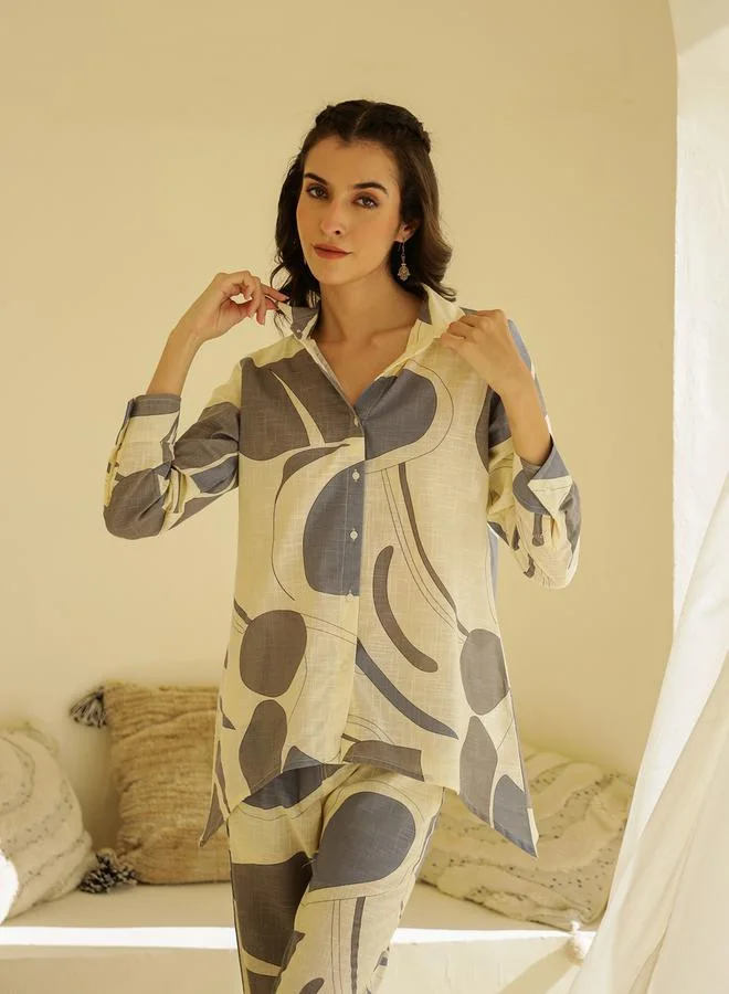 سانسكريتي هومز Printed Spread Collar Shirt with Trousers Co-Ords by Styli