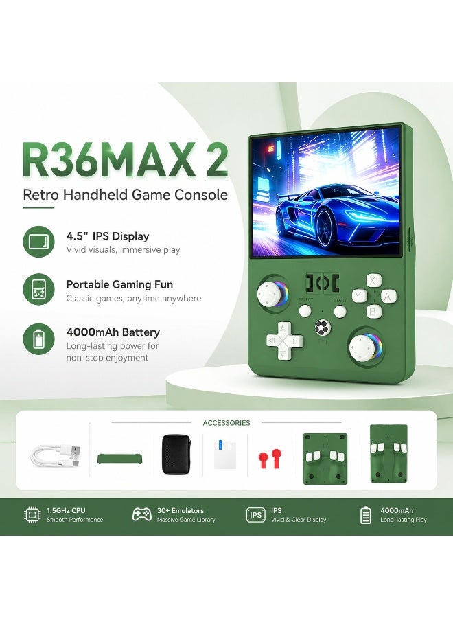 NEW R36MAX 2 Retro Handheld Game Console, 4.5 Inch IPS HD Portable Gaming Console Device, 1.5GHz High Performance CPU, 30+ Emulator Support, 4000mAh Battery, Classic Retro Video Game System Green - Image 1