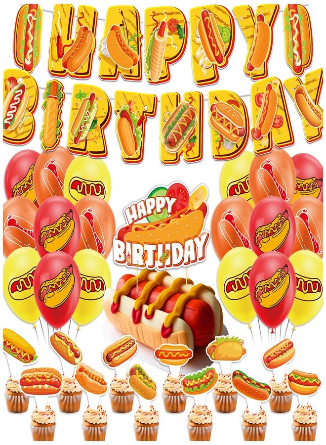 LHDUOFA Hot Dog Party Supplies - Birthday Decorations Including Fast Food Happy Banner, Cake Topper, Cupcake Toppers, Balloons for Baby Shower - Image 1