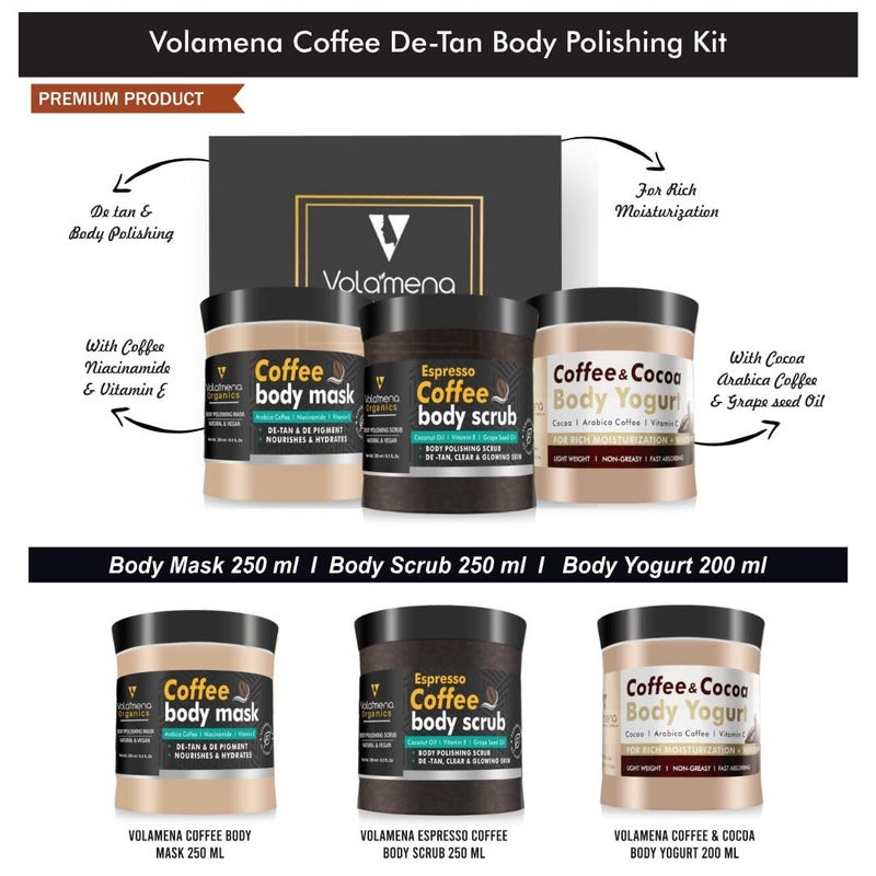VOLAMENA WITH DEVICE Volamena Coffee DeTan Body polishing Kit I Body Scrub I Body Mask I Body Yogurt I Removes Tan  Body Polishing  Firming  Deeply Exfoliate  Moisturize 700 gms - Image 2