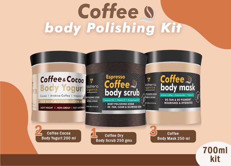 VOLAMENA WITH DEVICE Volamena Coffee DeTan Body polishing Kit I Body Scrub I Body Mask I Body Yogurt I Removes Tan  Body Polishing  Firming  Deeply Exfoliate  Moisturize 700 gms - Image 3