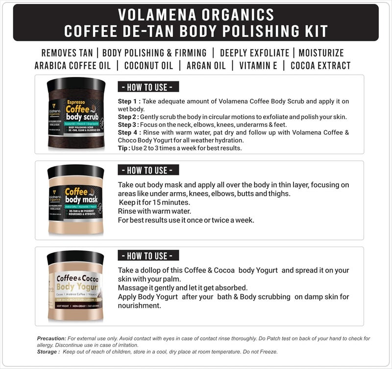 VOLAMENA WITH DEVICE Volamena Coffee DeTan Body polishing Kit I Body Scrub I Body Mask I Body Yogurt I Removes Tan  Body Polishing  Firming  Deeply Exfoliate  Moisturize 700 gms - Image 5