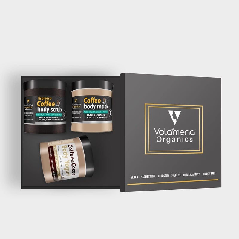 VOLAMENA WITH DEVICE Volamena Coffee DeTan Body polishing Kit I Body Scrub I Body Mask I Body Yogurt I Removes Tan  Body Polishing  Firming  Deeply Exfoliate  Moisturize 700 gms - Image 1