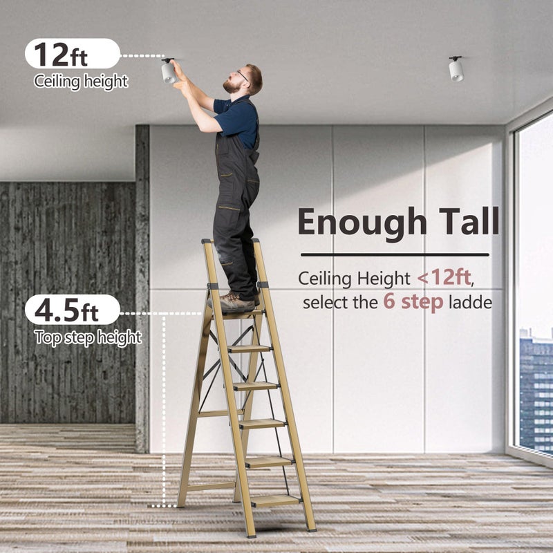 GameGem 6 Step Ladder for 12 Feet High Ceiling, Lightweight Aluminum Folding Step Stool with Convenient Handgrip, Stepladders with Anti-Slip and Wide Pedal for Home Use Space Saving - Gold - Image 2