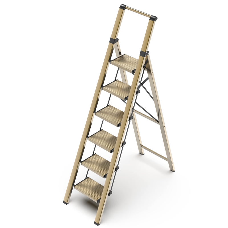 GameGem 6 Step Ladder for 12 Feet High Ceiling, Lightweight Aluminum Folding Step Stool with Convenient Handgrip, Stepladders with Anti-Slip and Wide Pedal for Home Use Space Saving - Gold - Image 1