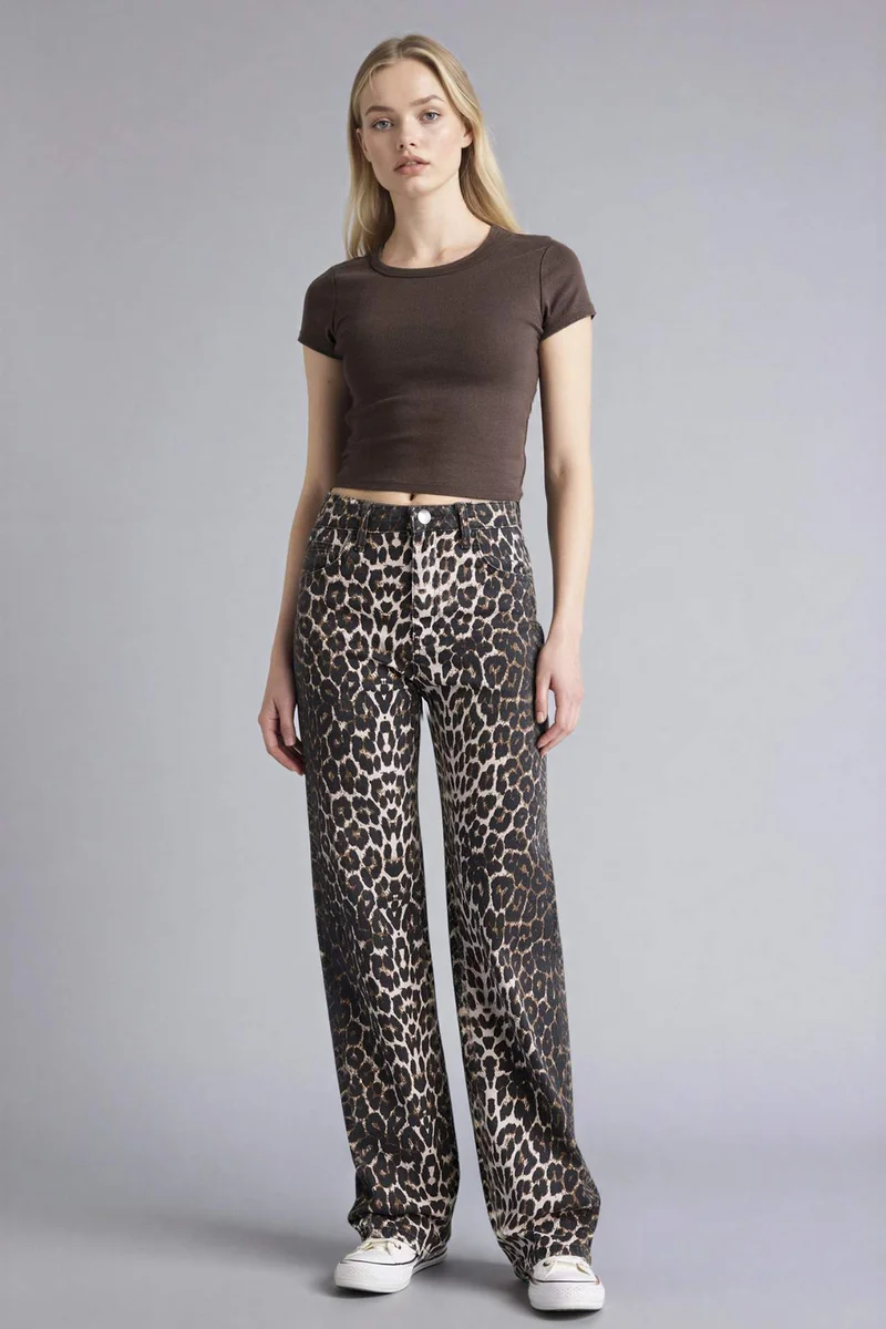 DeFacto Straight Fit tall hem Animal Print Gabardine Trousers