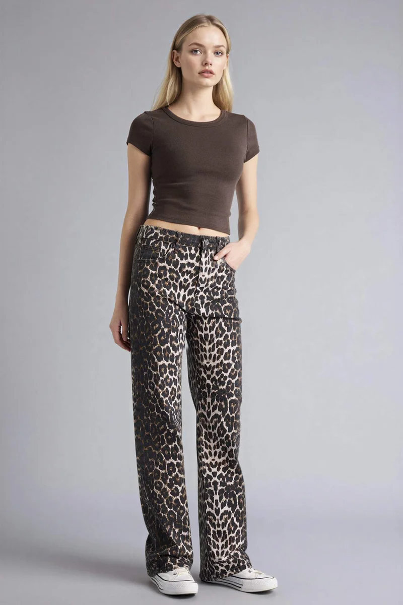 Defacto  Straight Fit tall hem Animal Print Gabardine Trousers for Women | Best Price UAE