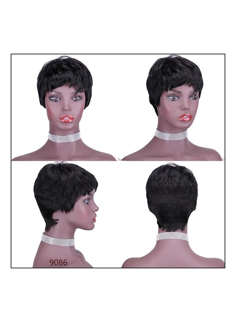 باروكة شعر بشري قصيرة بدون لاصق يمكن ارتداؤها بدون لاصق، شعر مستعار بشري أسود طبيعي بدون دانتيل مصنوع آليًا للنساء - Image 4
