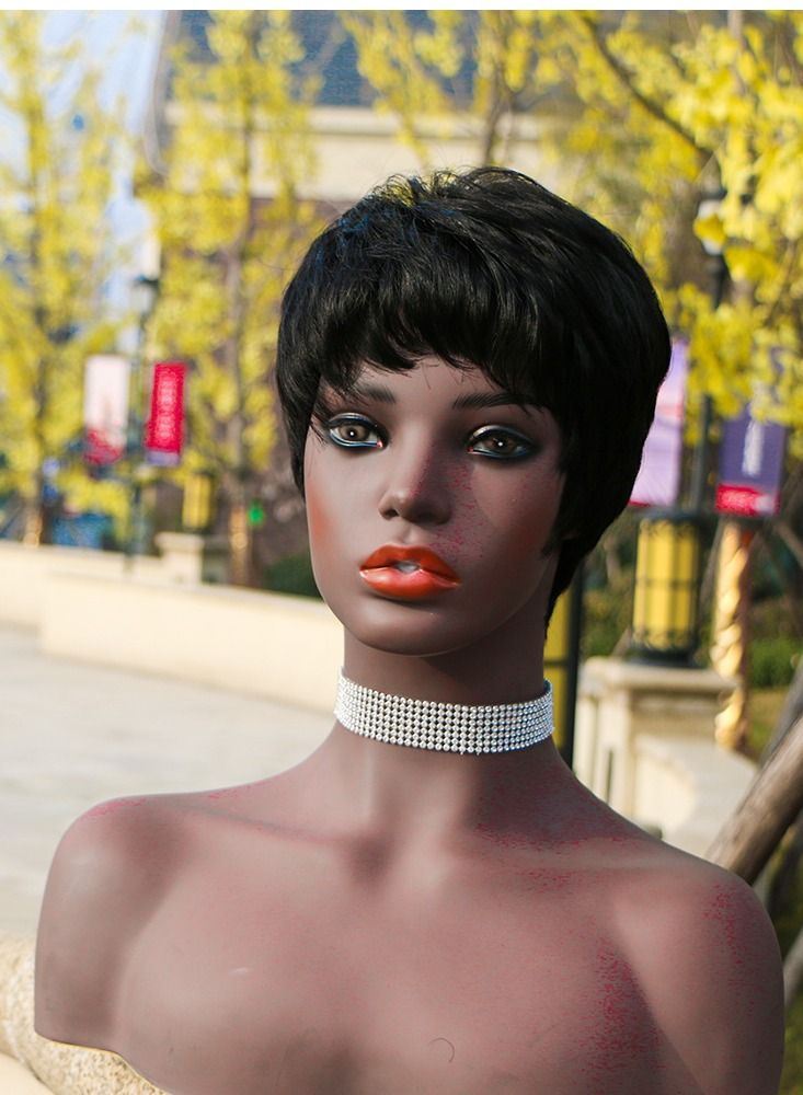 باروكة شعر بشري قصيرة بدون لاصق يمكن ارتداؤها بدون لاصق، شعر مستعار بشري أسود طبيعي بدون دانتيل مصنوع آليًا للنساء - Image 3