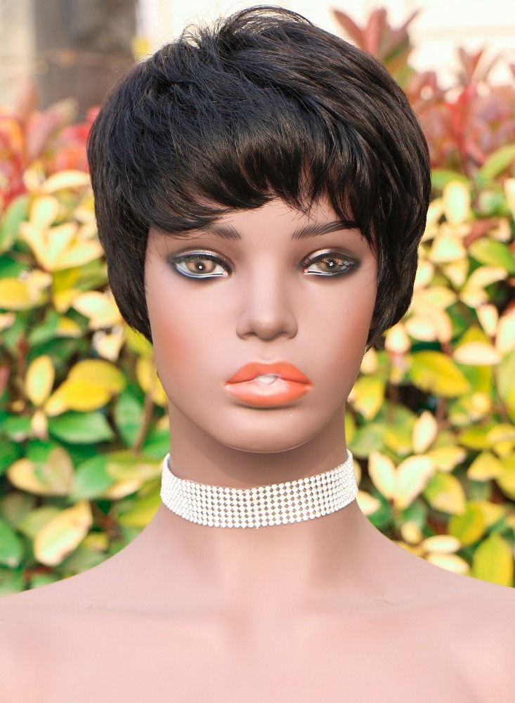 باروكة شعر بشري قصيرة بدون لاصق يمكن ارتداؤها بدون لاصق، شعر مستعار بشري أسود طبيعي بدون دانتيل مصنوع آليًا للنساء - Image 2