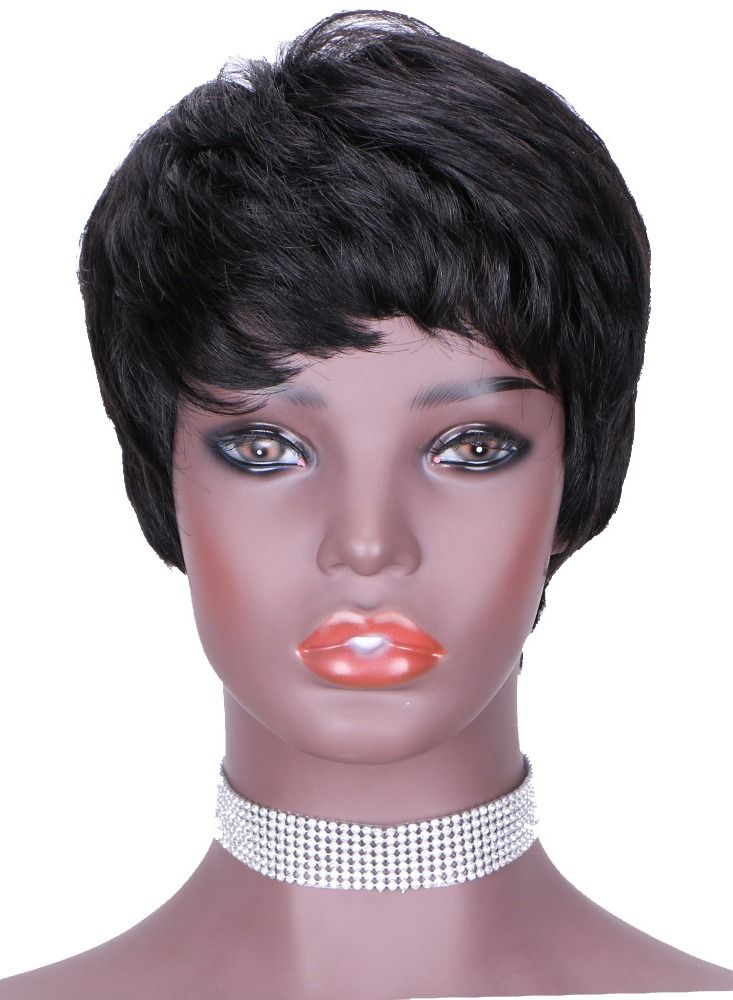 باروكة شعر بشري قصيرة بدون لاصق يمكن ارتداؤها بدون لاصق، شعر مستعار بشري أسود طبيعي بدون دانتيل مصنوع آليًا للنساء - Image 1