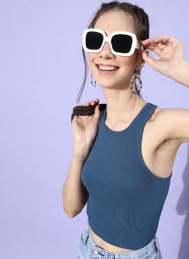 STREET 9 BASICS Stunning Blue Solid Cropped Top for Women
