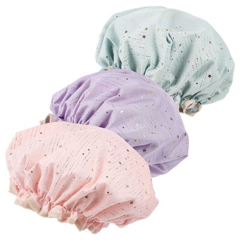 Waterproof Shower Cap 3 Pack Double Layer Breathable Thick Hair Bonnet For Adults - Image 2