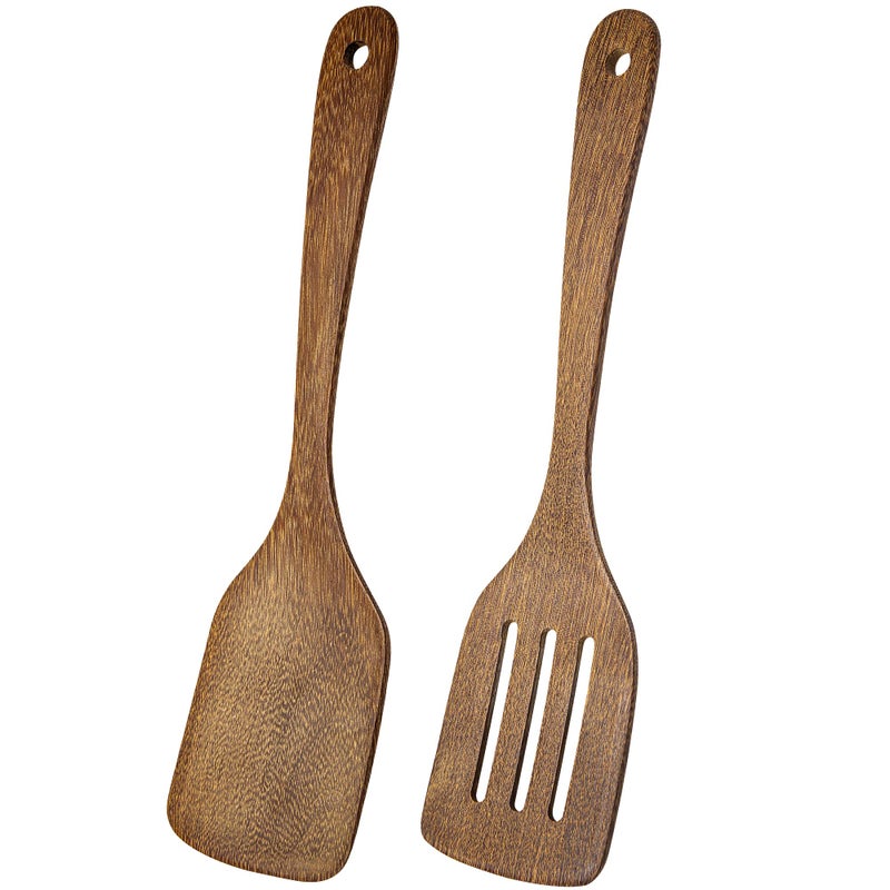 Wooden Spatula Pack of 2 Wood Solid Turner Kitchen Wooden Slotted Spatulas for Cooking Heat Resistant Wood Spatulas for Baking Non Stick Cookware