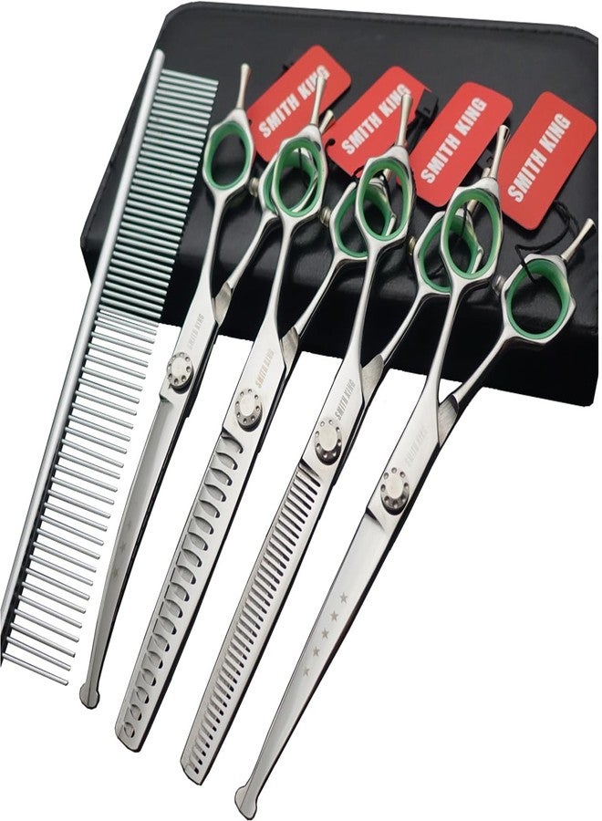 Smithking 7 inches Safe Dog Grooming Scissors Set with Round Tip,Straight & Thinning & Curved Shears Set with comb for Dog & Cat Grooming &human hair cutting (Green 4 in 1 with comb) - Image 1