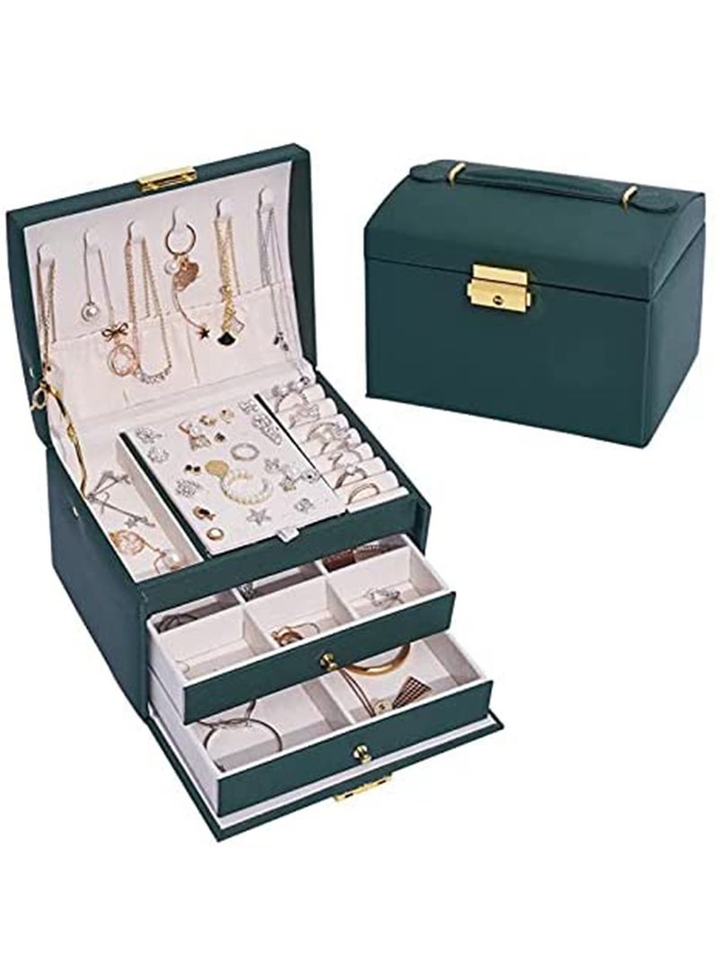 مونوج منظم صندوق المجوهرات مصنوع من جلد البولي يوريثان مع درجين، وحافظة تخزين مجوهرات من 3 طبقات لمجوهرات النساء - Image 1