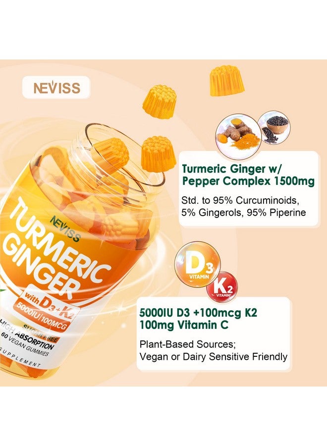 نيفيس حلوى جيلاتينية خالية من السكر بنكهة الكركم والزنجبيل مع 5000 وحدة دولية من فيتامين د3 وك2 (MK7)، وفيتامين ج - مكمل غذائي نباتي من الكركم للبالغين 1500 ملغ مع الفلفل الأسود، يدعم صحة العظام والمناعة والجهاز الهضمي - 120 قطعة - Image 3
