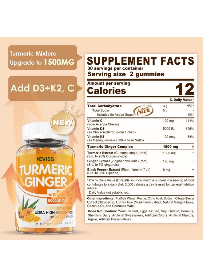 نيفيس حلوى جيلاتينية خالية من السكر بنكهة الكركم والزنجبيل مع 5000 وحدة دولية من فيتامين د3 وك2 (MK7)، وفيتامين ج - مكمل غذائي نباتي من الكركم للبالغين 1500 ملغ مع الفلفل الأسود، يدعم صحة العظام والمناعة والجهاز الهضمي - 120 قطعة - Image 2