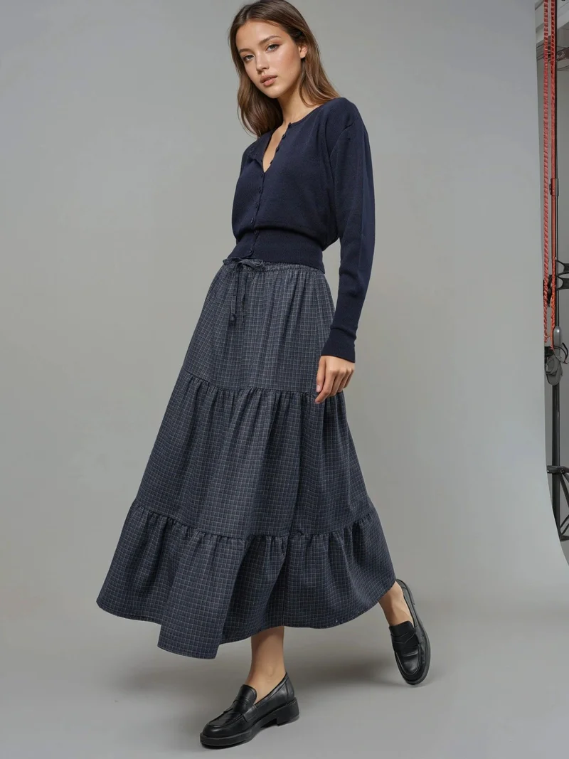 HICCUP Elastic Waist Check Knotted Tiered Maxi Skirt