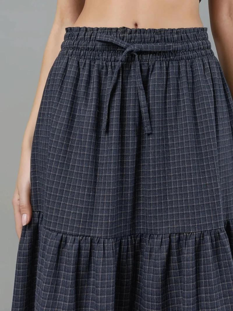 HICCUP Elastic Waist Check Knotted Tiered Maxi Skirt
