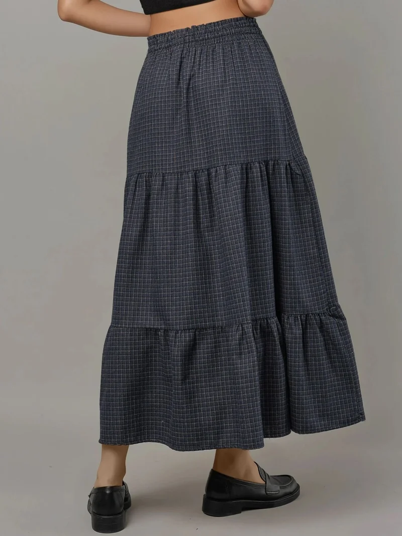 HICCUP Elastic Waist Check Knotted Tiered Maxi Skirt