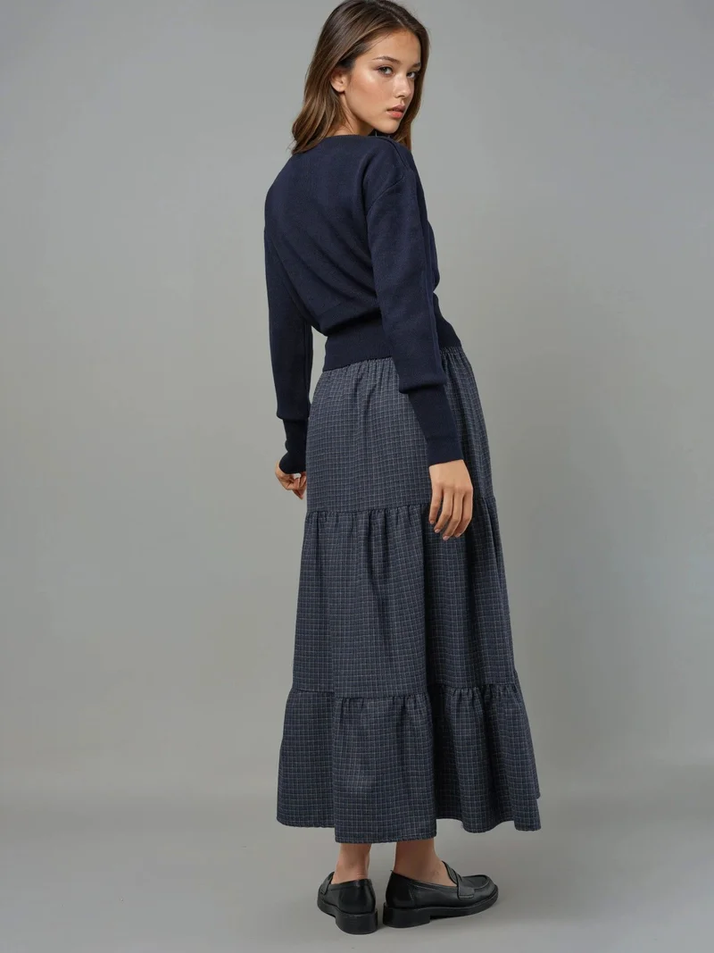HICCUP Elastic Waist Check Knotted Tiered Maxi Skirt