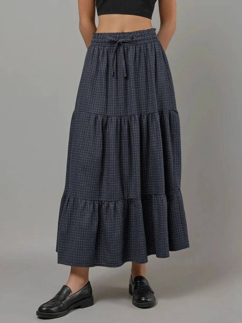 HICCUP Elastic Waist Check Knotted Tiered Maxi Skirt
