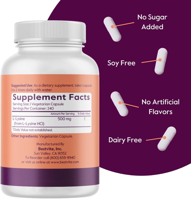 BESTVITE LLysine 500mg per Capsule 240 Vegetarian Capsules  No Stearates  No Fillers  No Flow Agents  Vegan  Non GMO  Gluten Free  No Stearic Acid  No Dicalcium Phosphate - Image 3